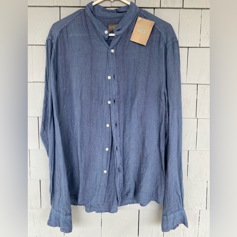 NWT New Eidos Napoli Navy Linen Band Collar Shirt 16.5 42 Large Italy